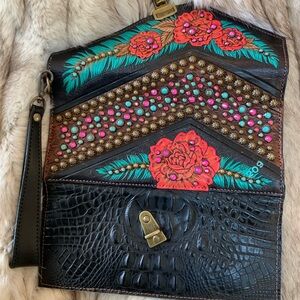 Heritage Brand Nola Clutch #209, OOAK, USA, Black Leather, lined, fire crystals